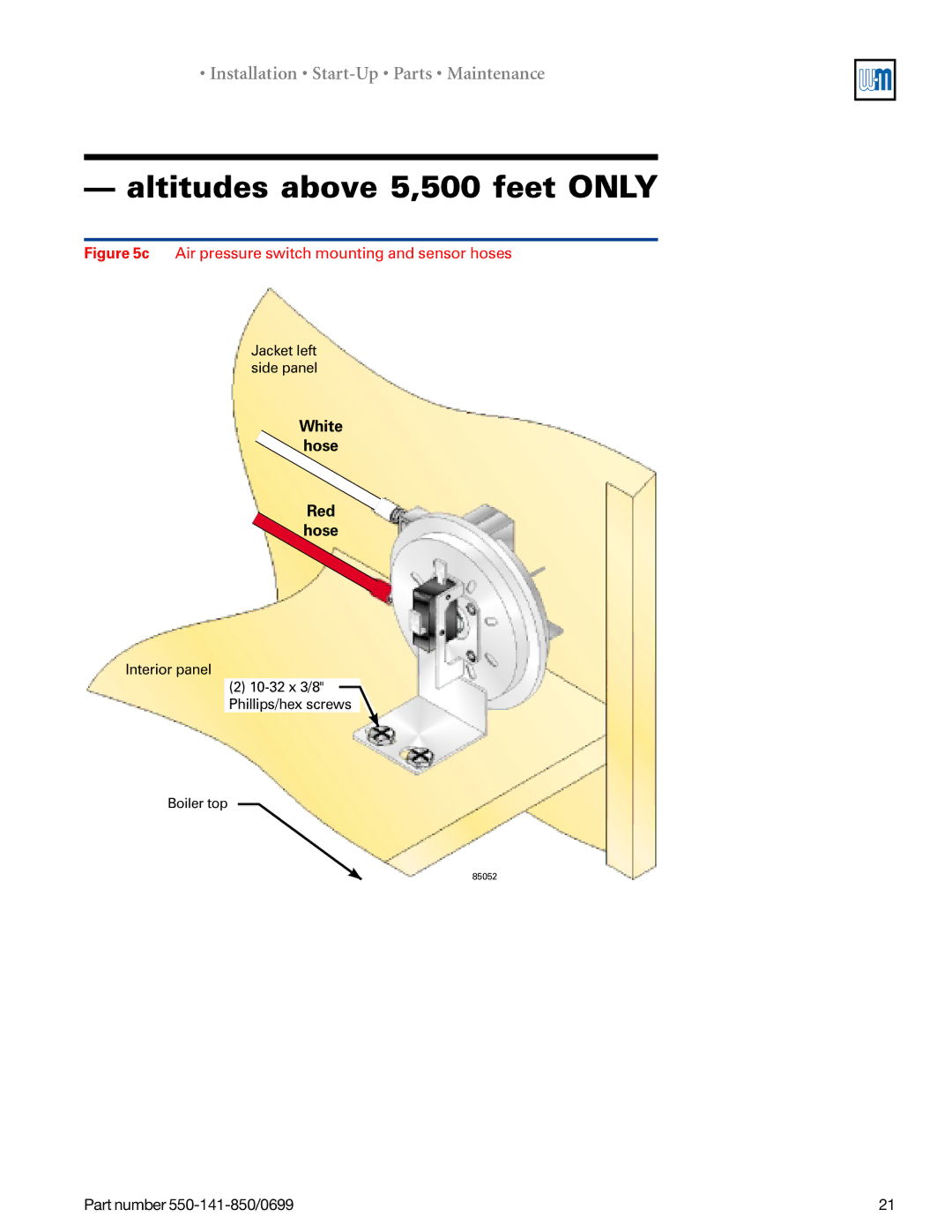 Weil-McLain 550-141-850/0599, GOLD DV WATER BOILER manual Altitudes above 5,500 feet only, White Hose Red 