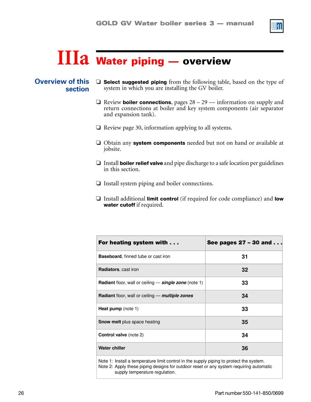 Weil-McLain GOLD DV WATER BOILER, 550-141-850/0599 IIIa Water piping overview, For heating system with See pages 27 30 