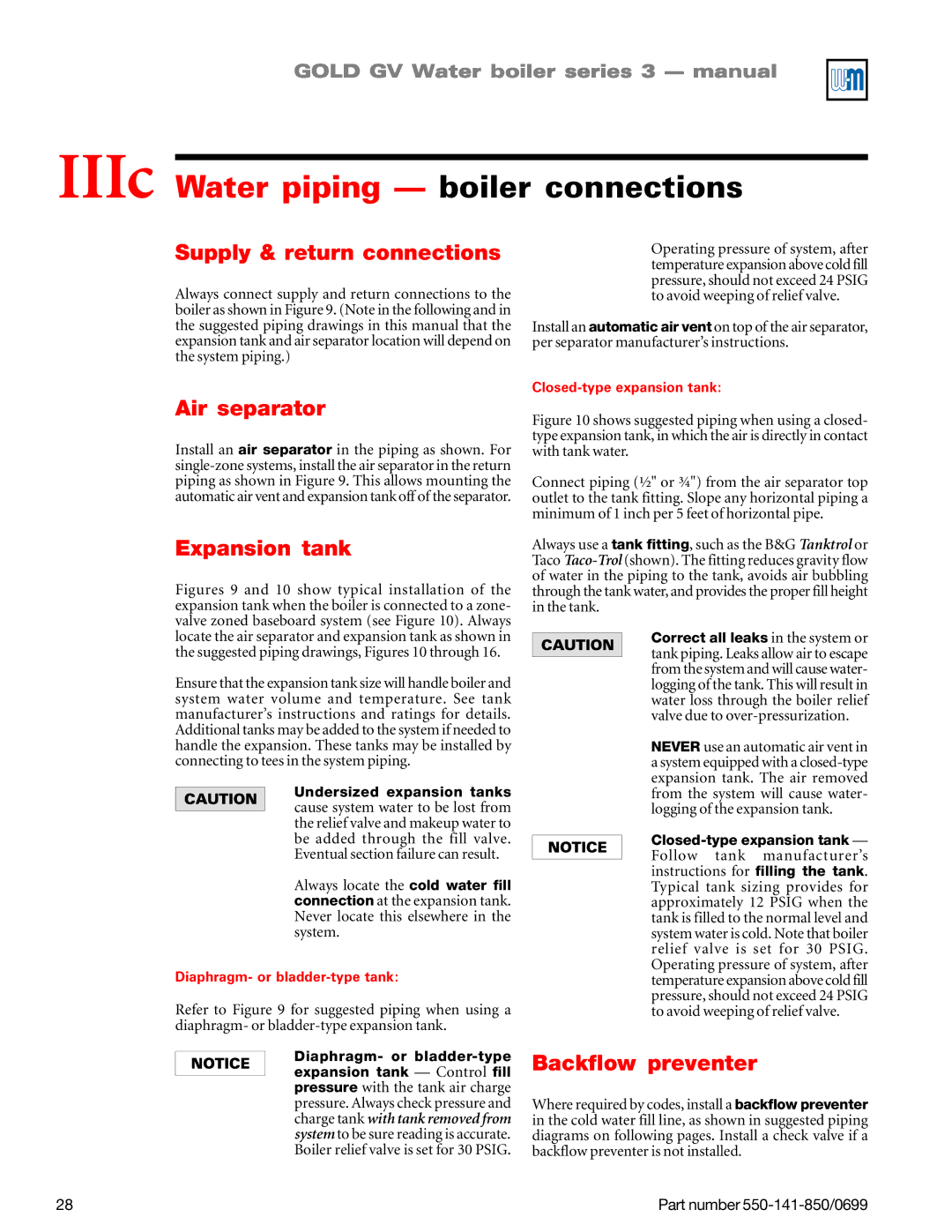 Weil-McLain GOLD DV WATER BOILER manual IIIc Water piping boiler connections, Supply & return connections, Air separator 