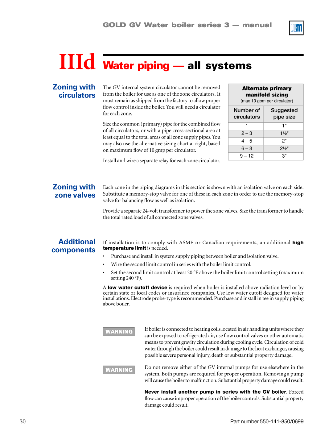 Weil-McLain GOLD DV WATER BOILER, 550-141-850/0599 manual IIId Water piping all systems, Zoning with circulators 