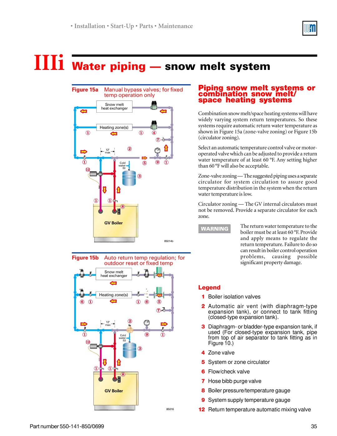 Weil-McLain 550-141-850/0599 manual IIIi Water piping snow melt system, Manual bypass valves for fixed temp operation only 