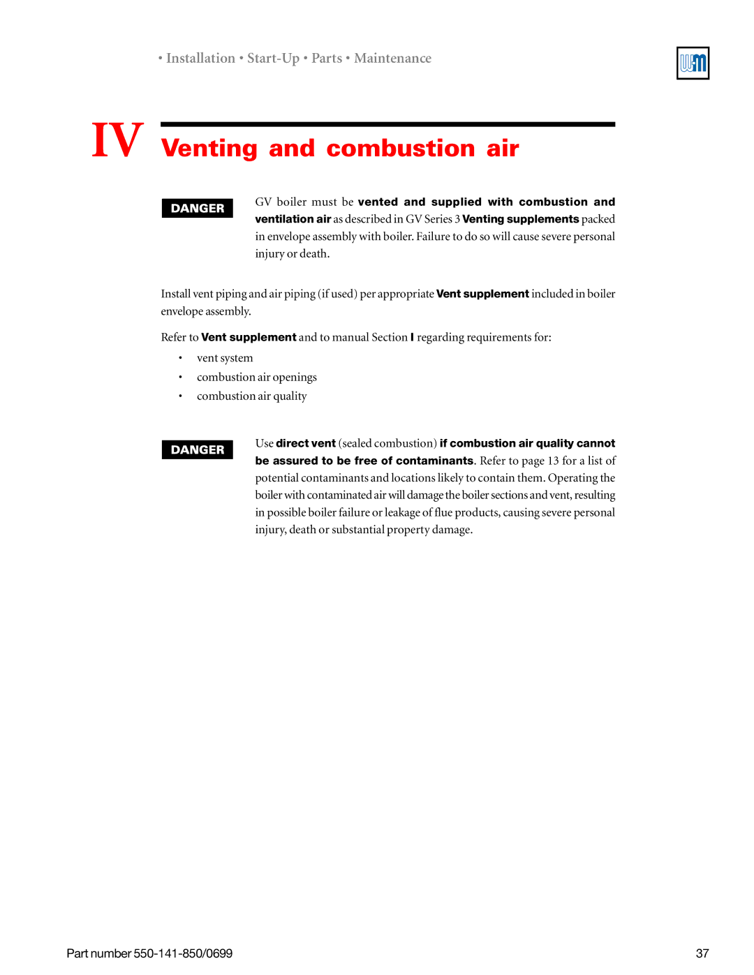 Weil-McLain 550-141-850/0599, GOLD DV WATER BOILER manual IV Venting and combustion air 