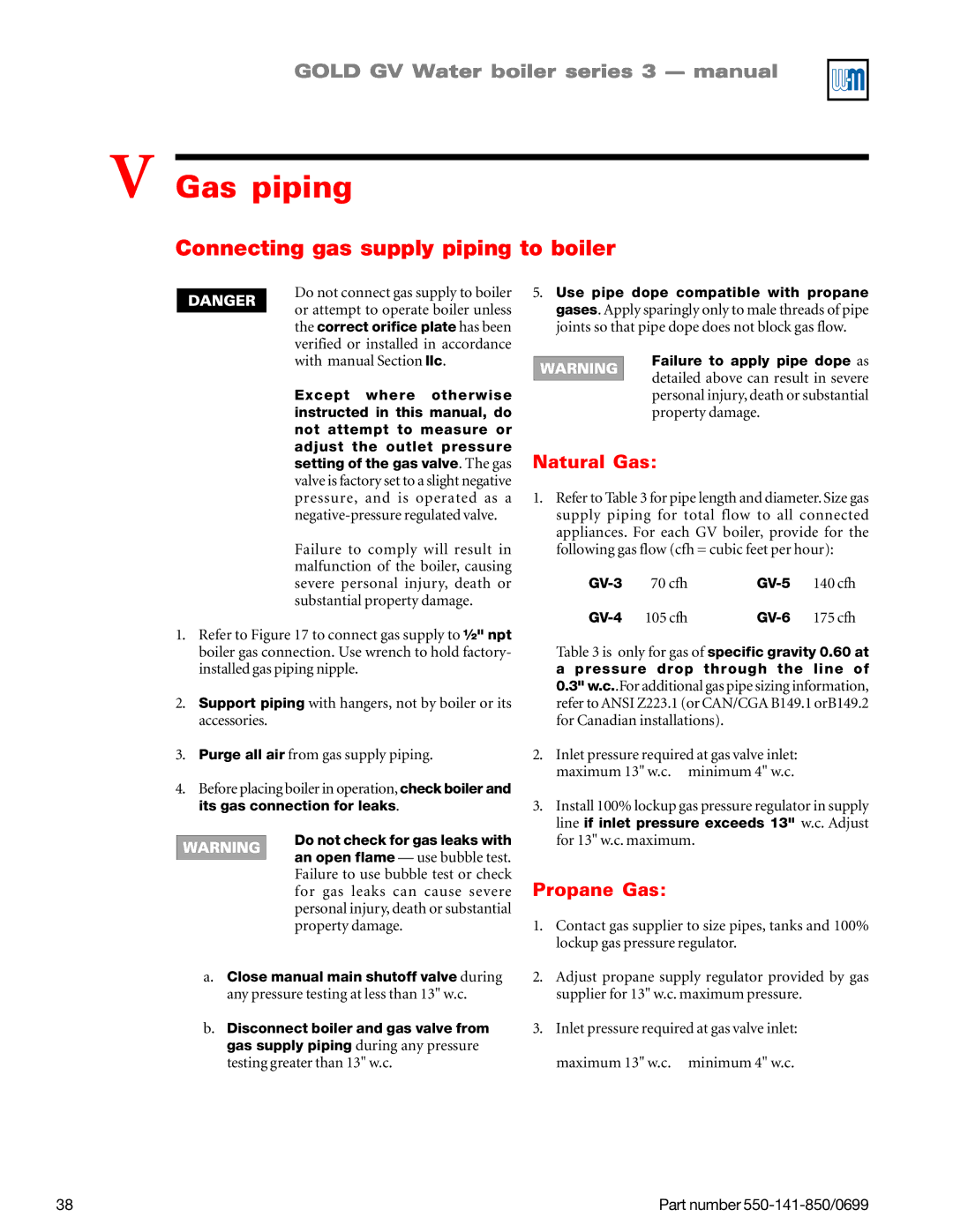 Weil-McLain GOLD DV WATER BOILER, 550-141-850/0599 manual Gas piping, Connecting gas supply piping to boiler, Propane Gas 