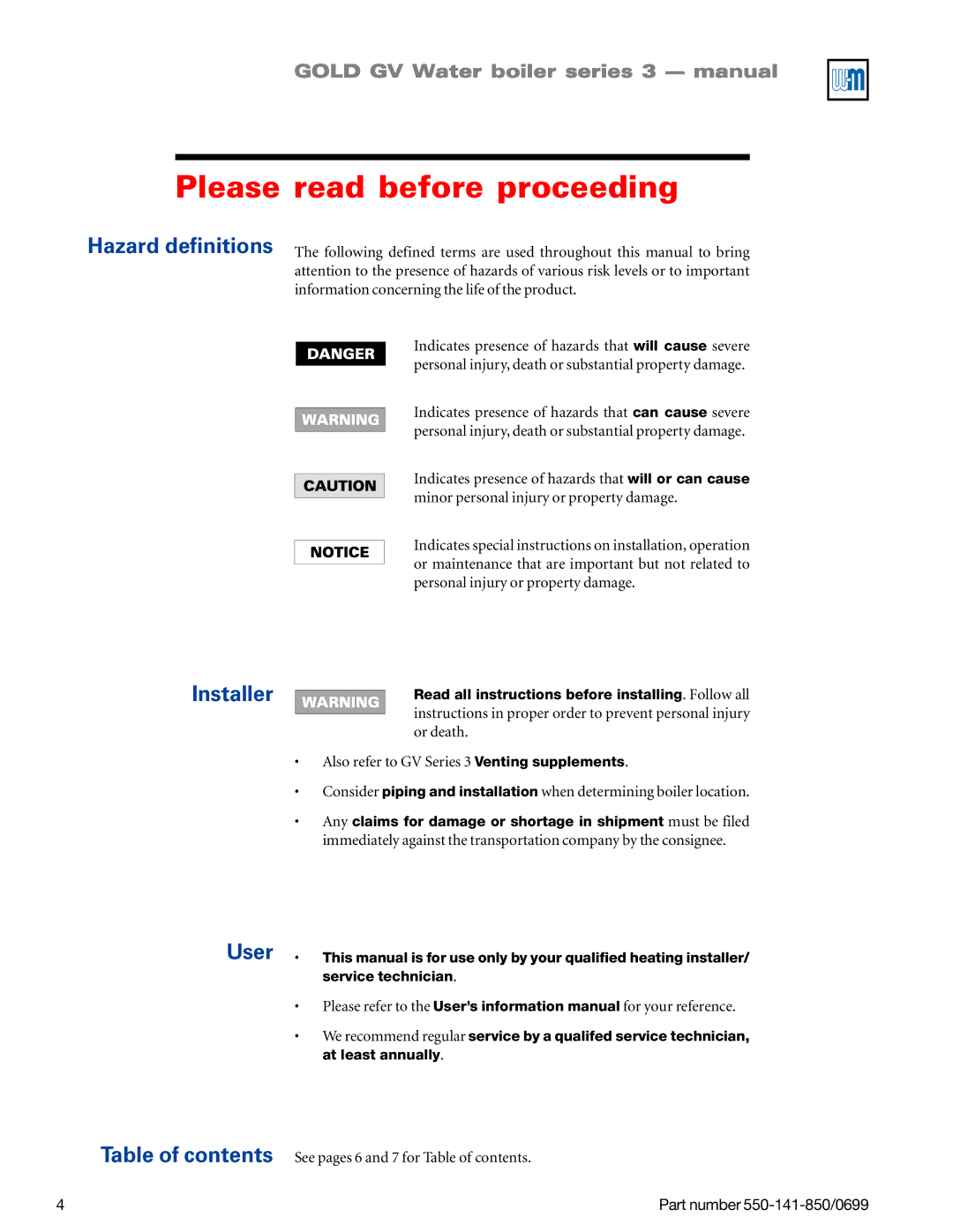 Weil-McLain GOLD DV WATER BOILER, 550-141-850/0599 manual Please read before proceeding, Hazard definitions Installer User 