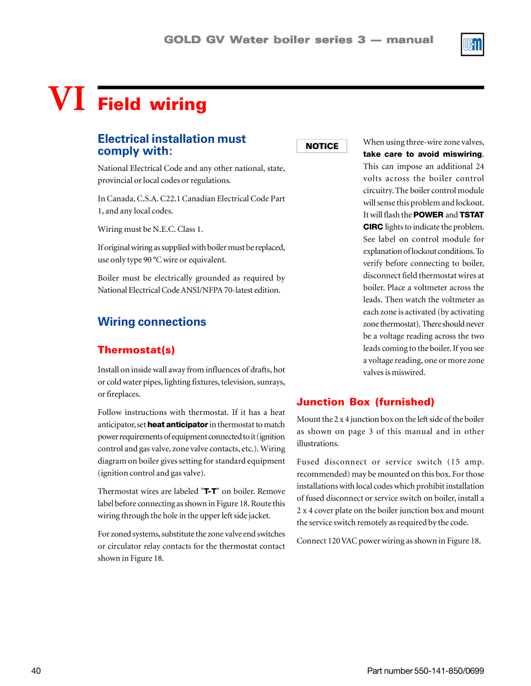 Weil-McLain GOLD DV WATER BOILER manual VI Field wiring, Electrical installation must comply with, Wiring connections 