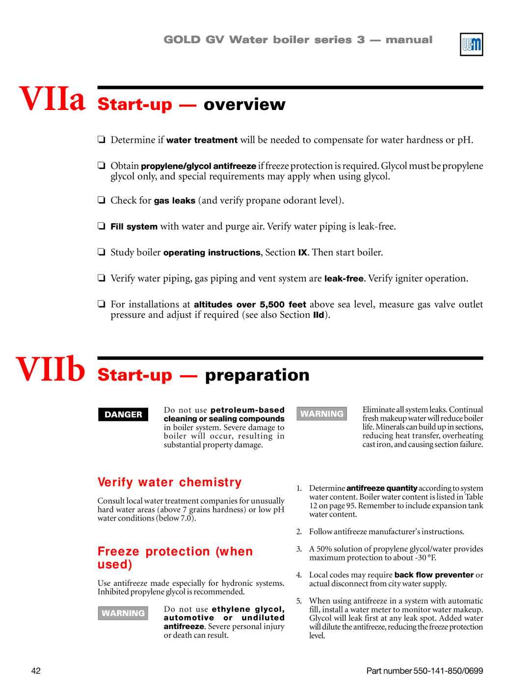 Weil-McLain GOLD DV WATER BOILER manual VIIa Start-up overview, VIIb Start-up preparation, Verify water chemistry 