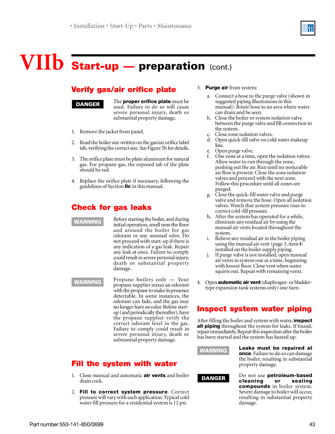 Weil-McLain 550-141-850/0599 manual VIIb Start-up preparation, Verify gas/air orifice plate, Check for gas leaks 