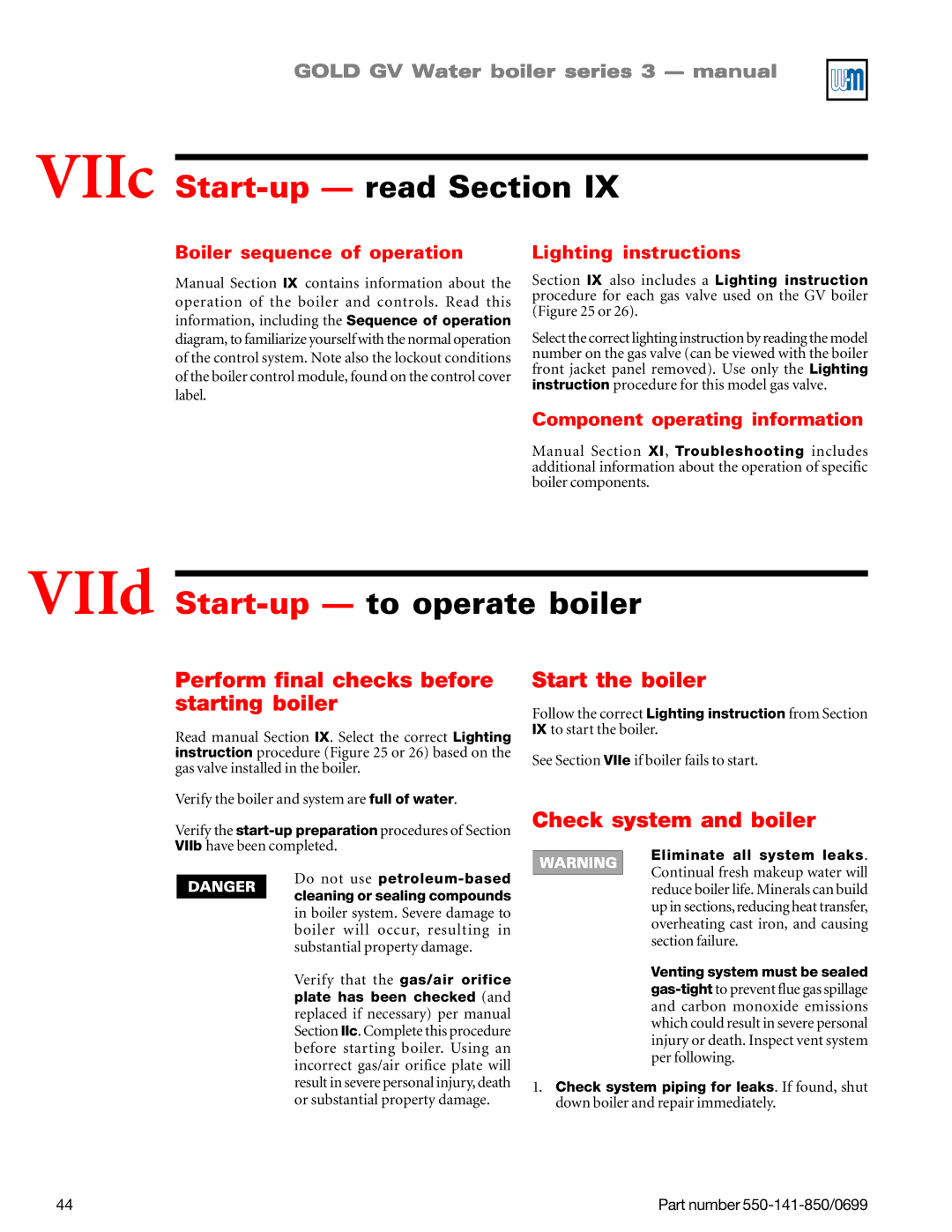 Weil-McLain GOLD DV WATER BOILER manual VIIc Start-up read Section, VIId Start-up to operate boiler, Start the boiler 