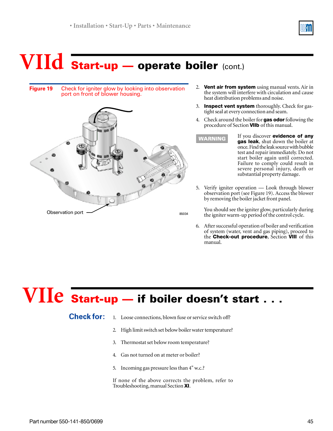 Weil-McLain 550-141-850/0599, GOLD DV WATER BOILER VIId Start-up operate boiler, VIIe Start-up if boiler doesn’t start 