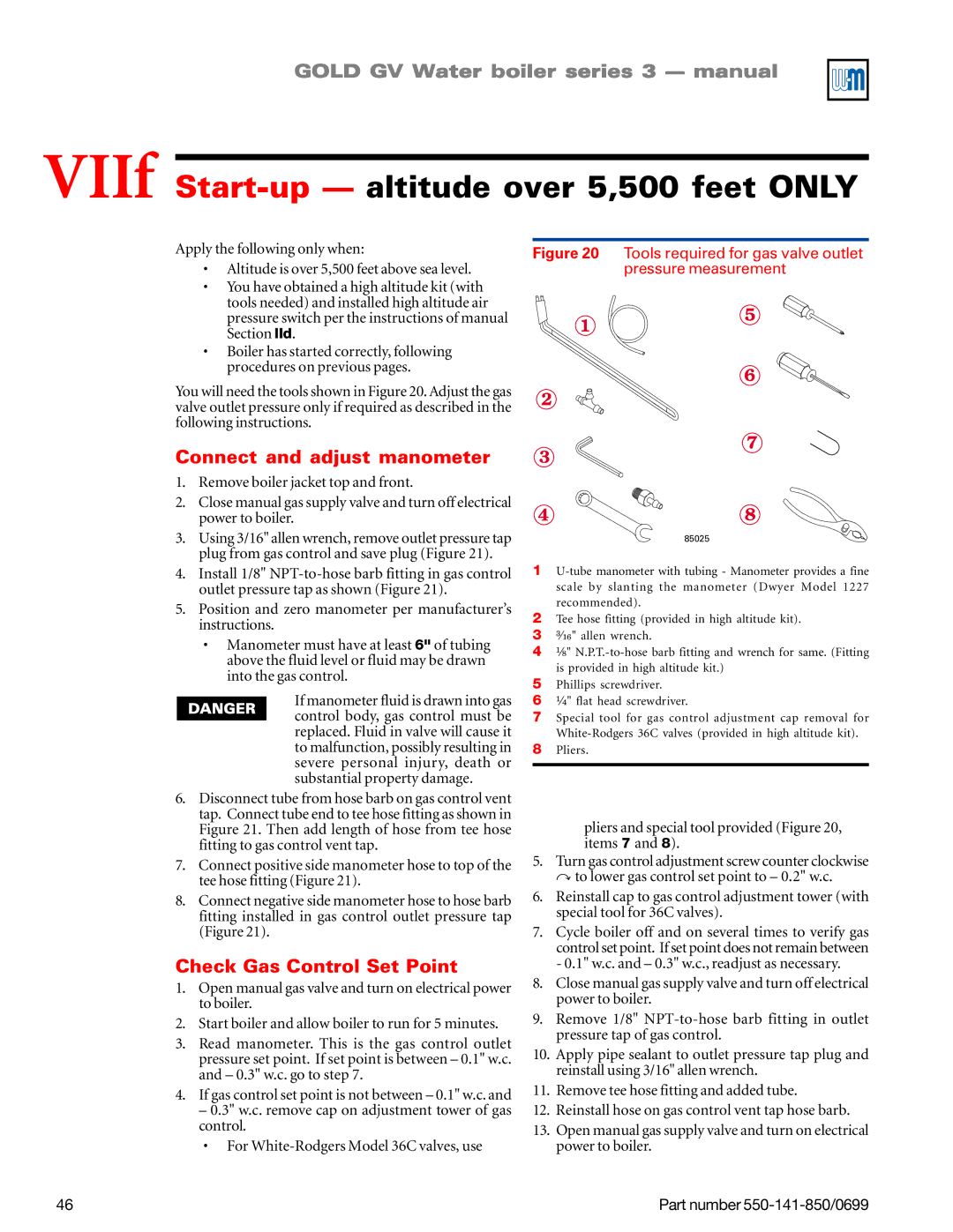 Weil-McLain GOLD DV WATER BOILER manual VIIf Start-up altitude over 5,500 feet only, Connect and adjust manometer 