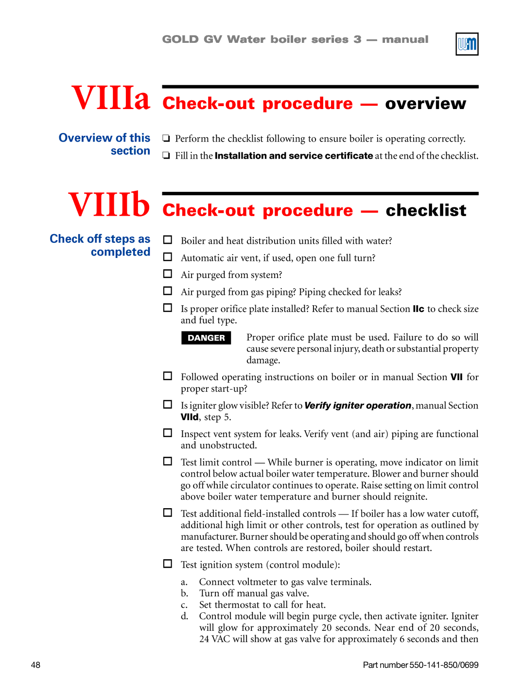 Weil-McLain GOLD DV WATER BOILER, 550-141-850/0599 manual VIIIa Check-out procedure overview, Check-out procedure checklist 