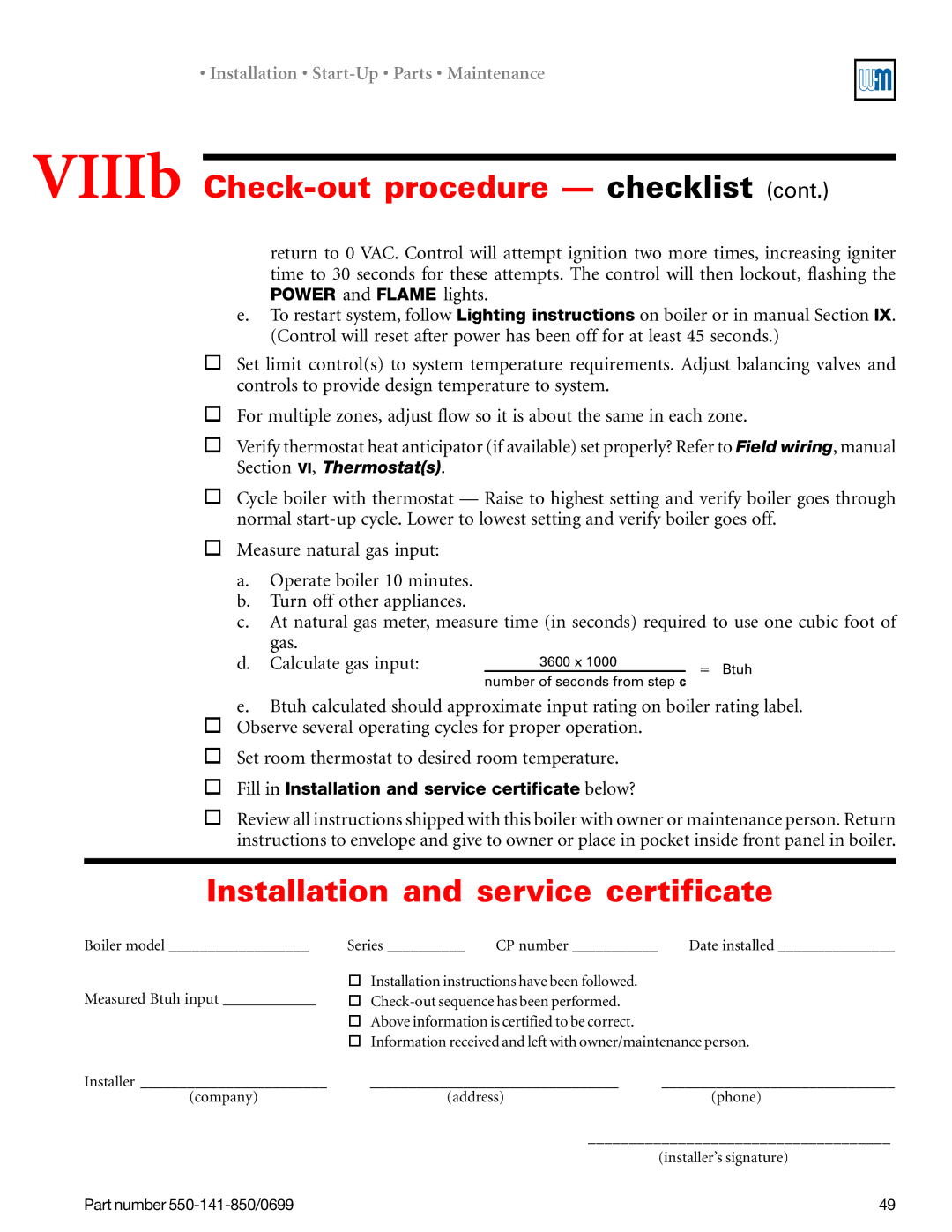 Weil-McLain 550-141-850/0599, GOLD DV WATER BOILER manual VIIIb Check-out procedure checklist 