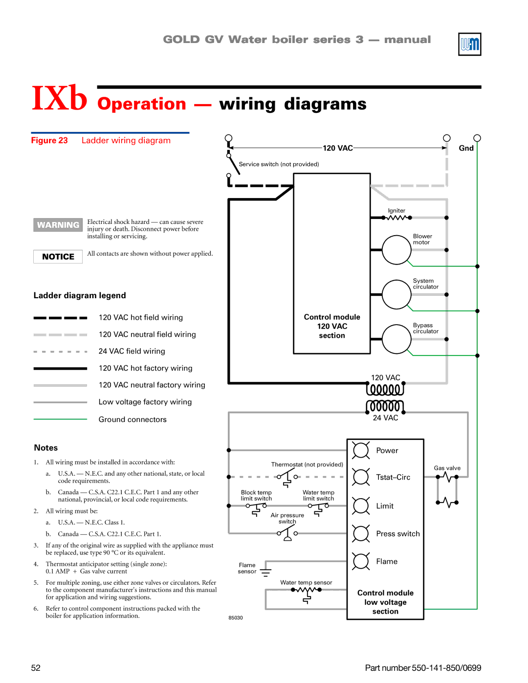 Weil-McLain GOLD DV WATER BOILER, 550-141-850/0599 manual IXb Operation wiring diagrams, Ladder diagram legend 