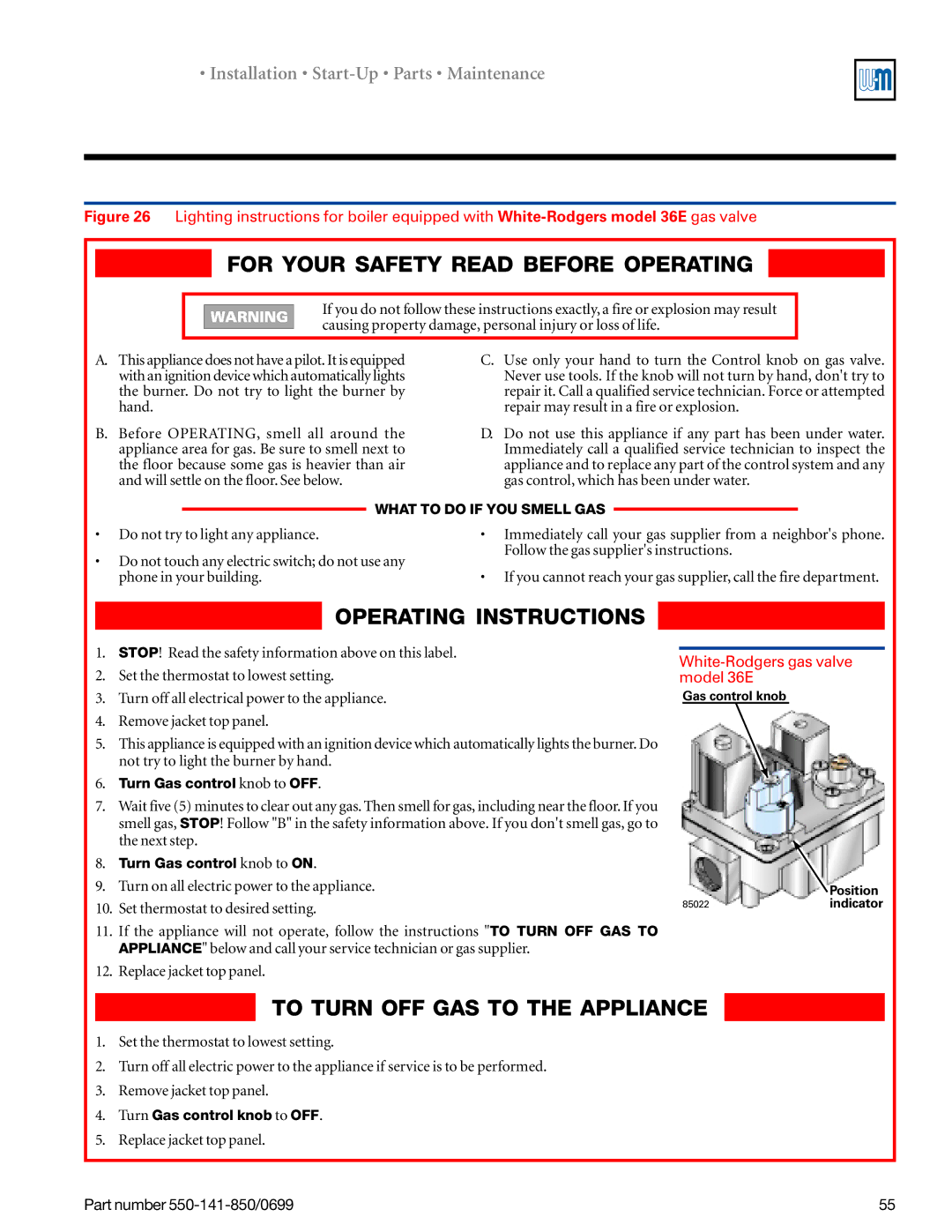 Weil-McLain 550-141-850/0599, GOLD DV WATER BOILER manual White-Rodgers gas valve model 36E 