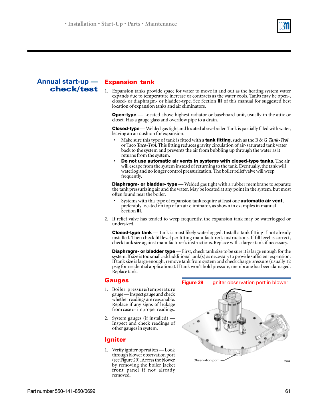Weil-McLain 550-141-850/0599, GOLD DV WATER BOILER manual Expansion tank, Gauges, Igniter 