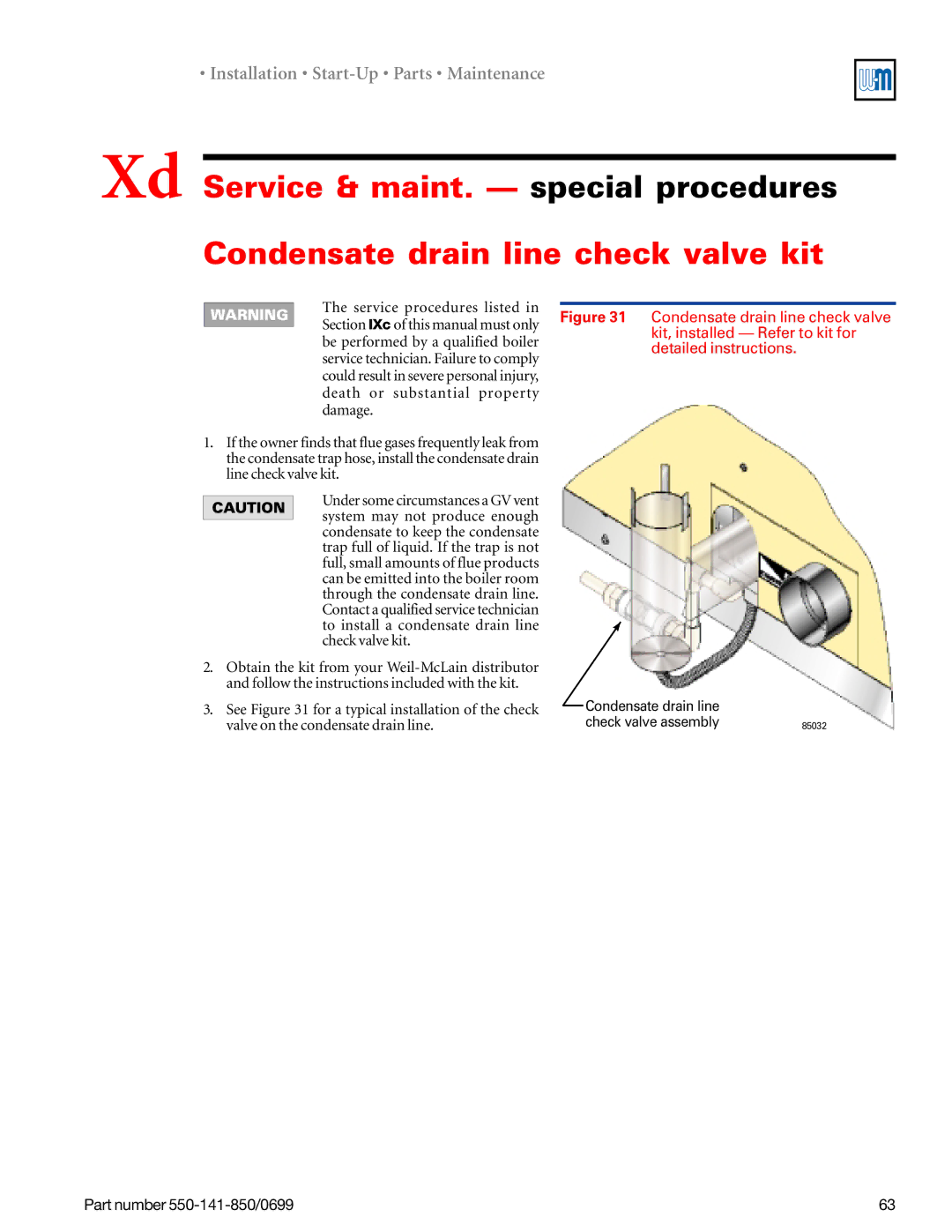 Weil-McLain 550-141-850/0599, GOLD DV WATER BOILER manual Condensate drain line Check valve assembly 