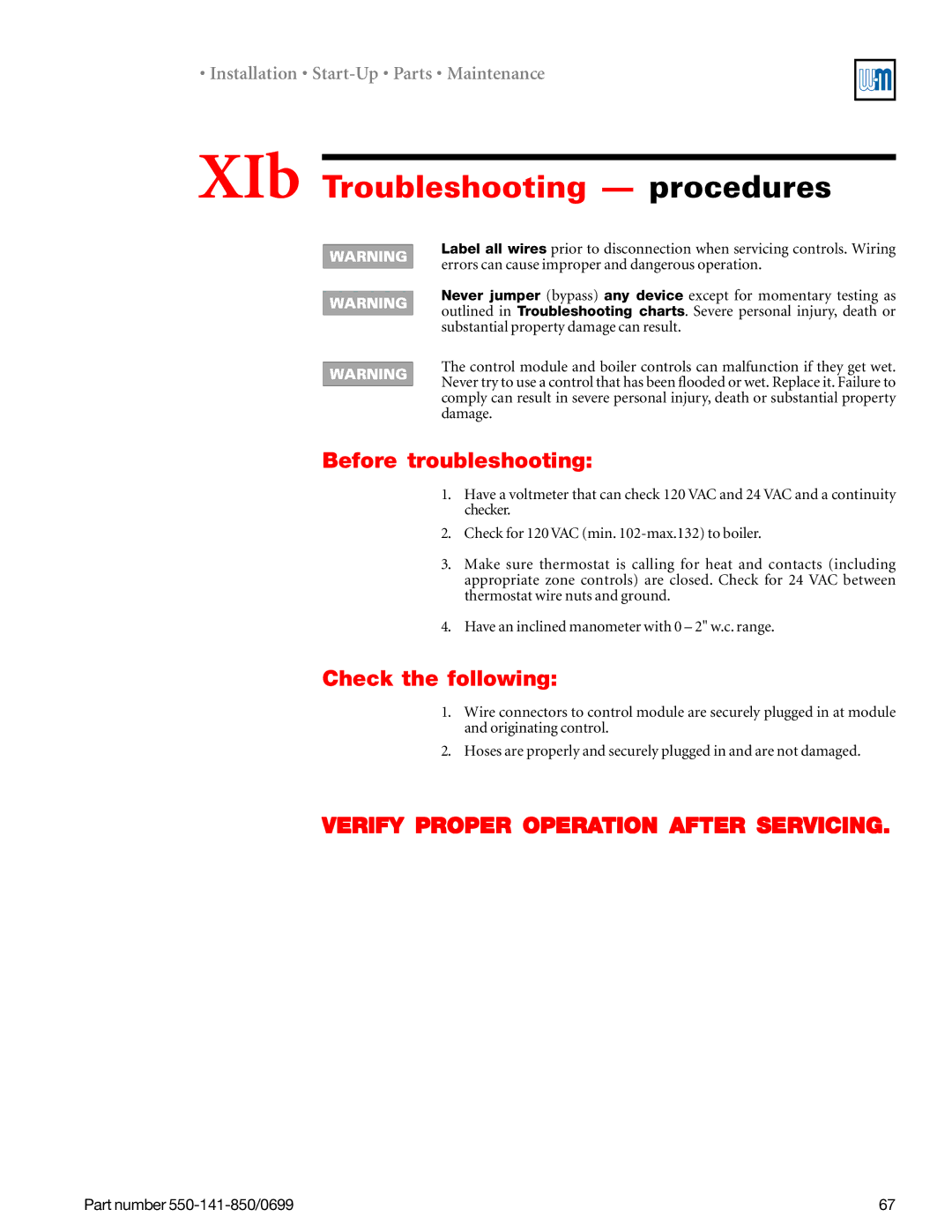 Weil-McLain 550-141-850/0599 manual XIb Troubleshooting procedures, Before troubleshooting, Check the following 