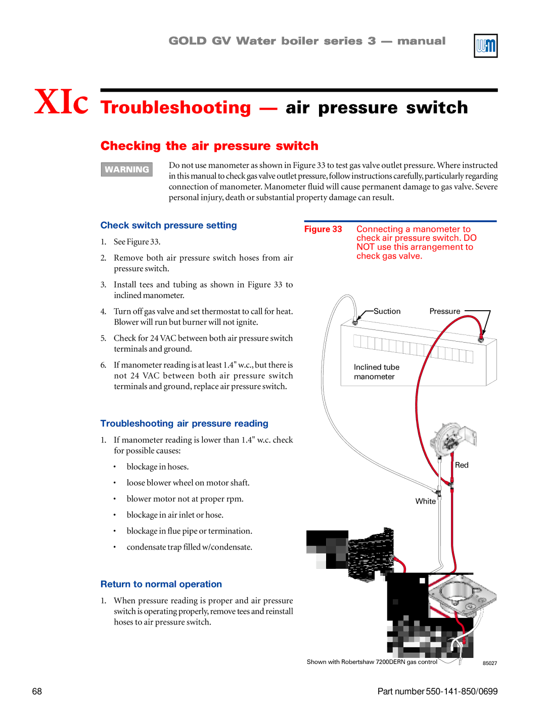 Weil-McLain GOLD DV WATER BOILER manual XIc Troubleshooting air pressure switch, Checking the air pressure switch 