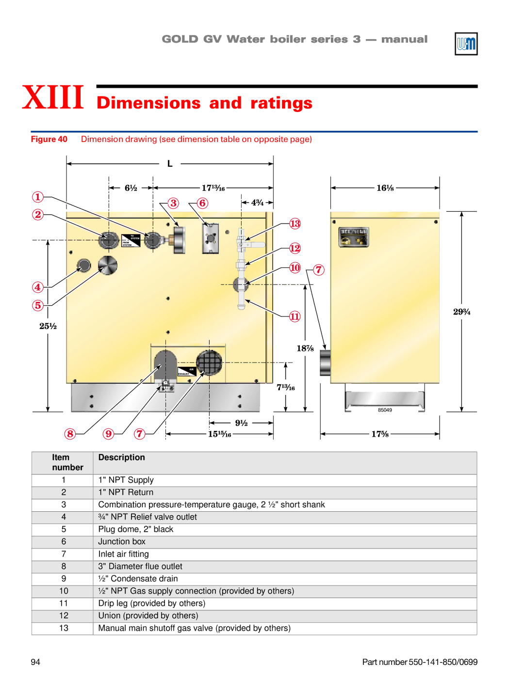 Weil-McLain GOLD DV WATER BOILER, 550-141-850/0599 manual Xiii Dimensions and ratings, Number 