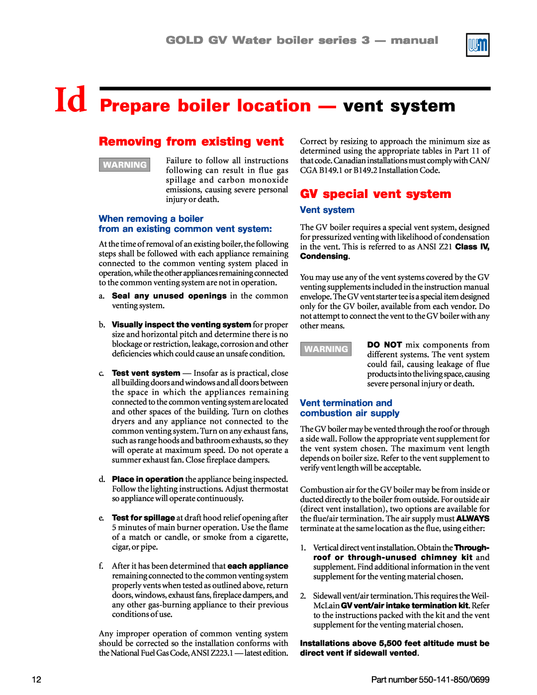 Weil-McLain GOLD DV WATER BOILER manual Id Prepare boiler location — vent system, Removing from existing vent, Vent system 