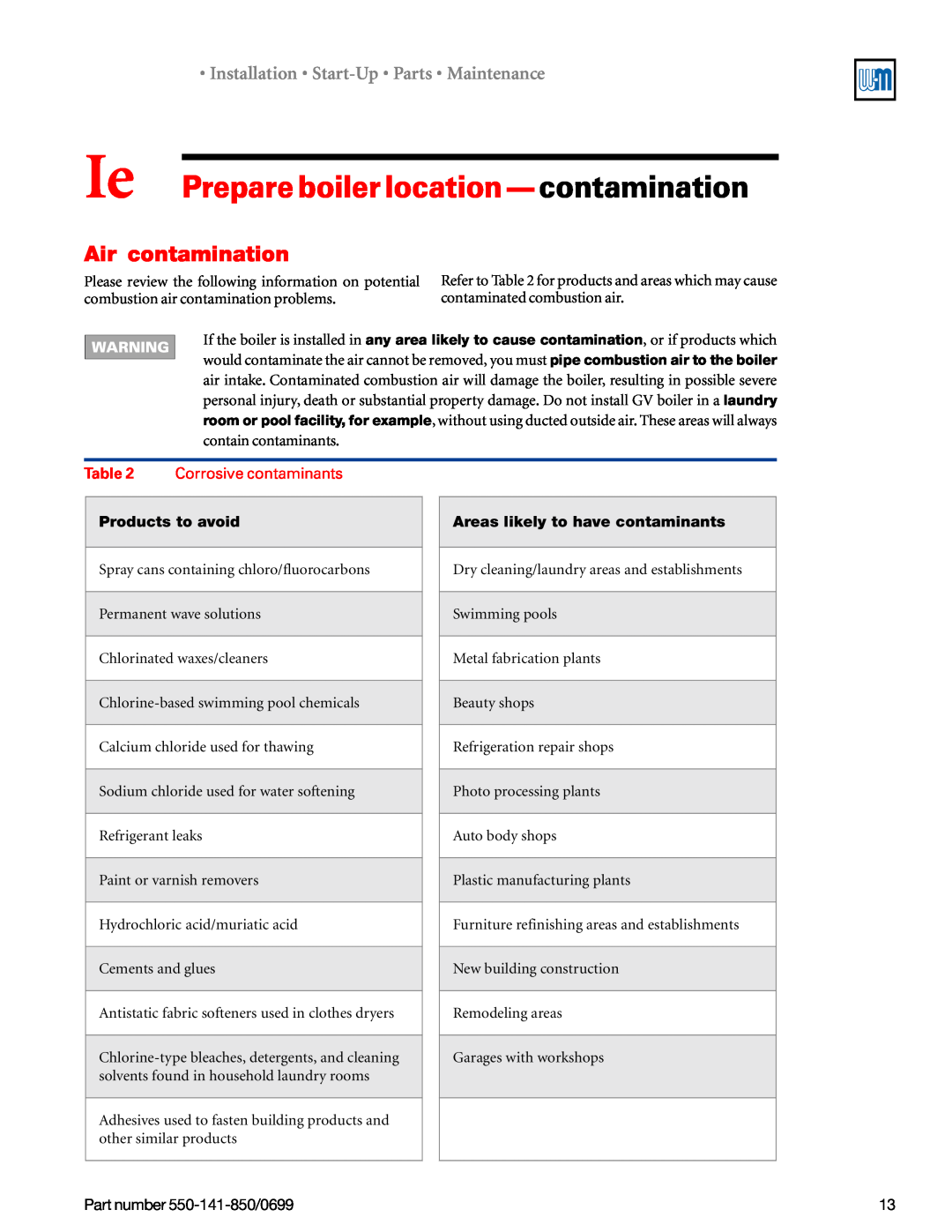 Weil-McLain 550-141-850/0599 manual Ie Prepare boiler location — contamination, Air contamination, Corrosive contaminants 