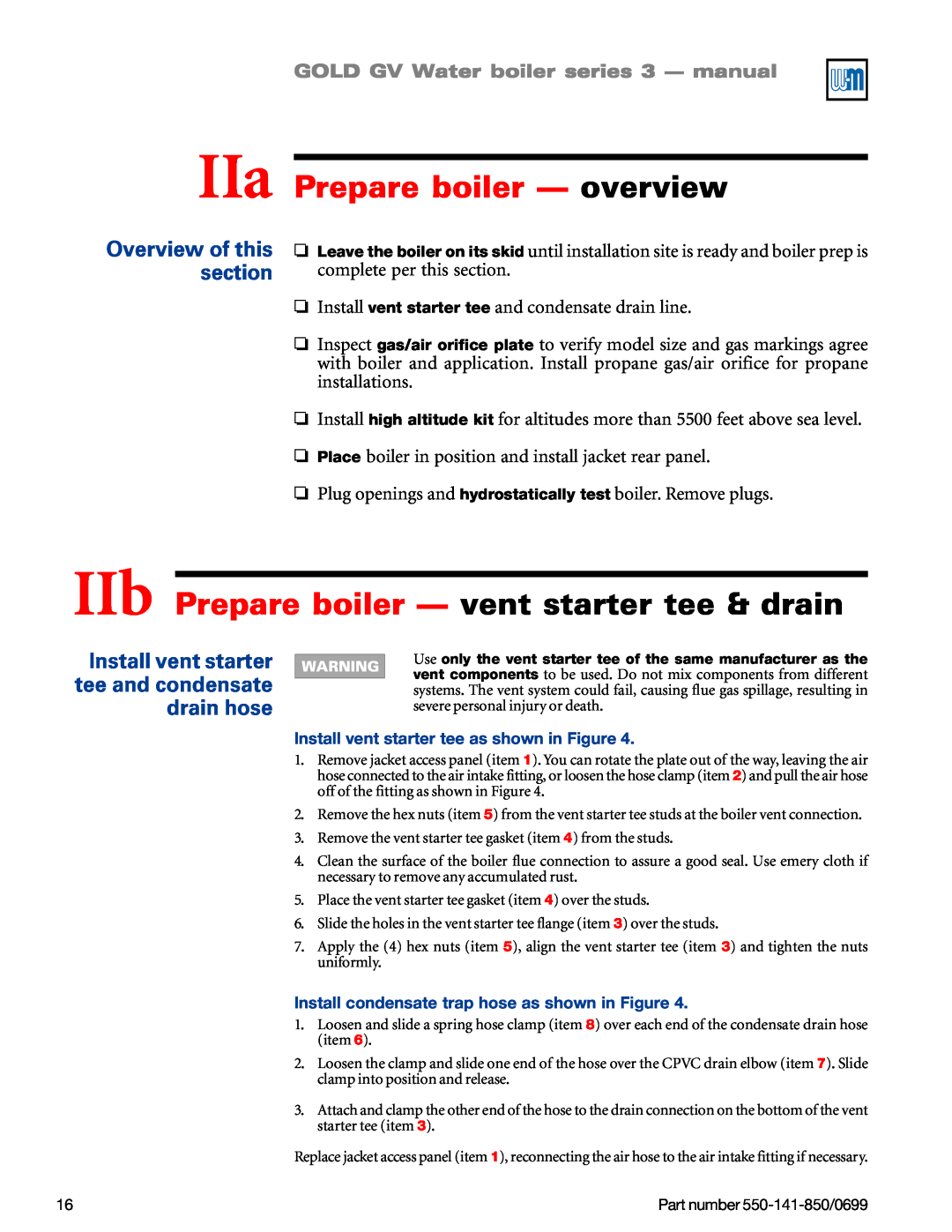Weil-McLain GOLD DV WATER BOILER manual IIa Prepare boiler — overview, IIb Prepare boiler — vent starter tee & drain 