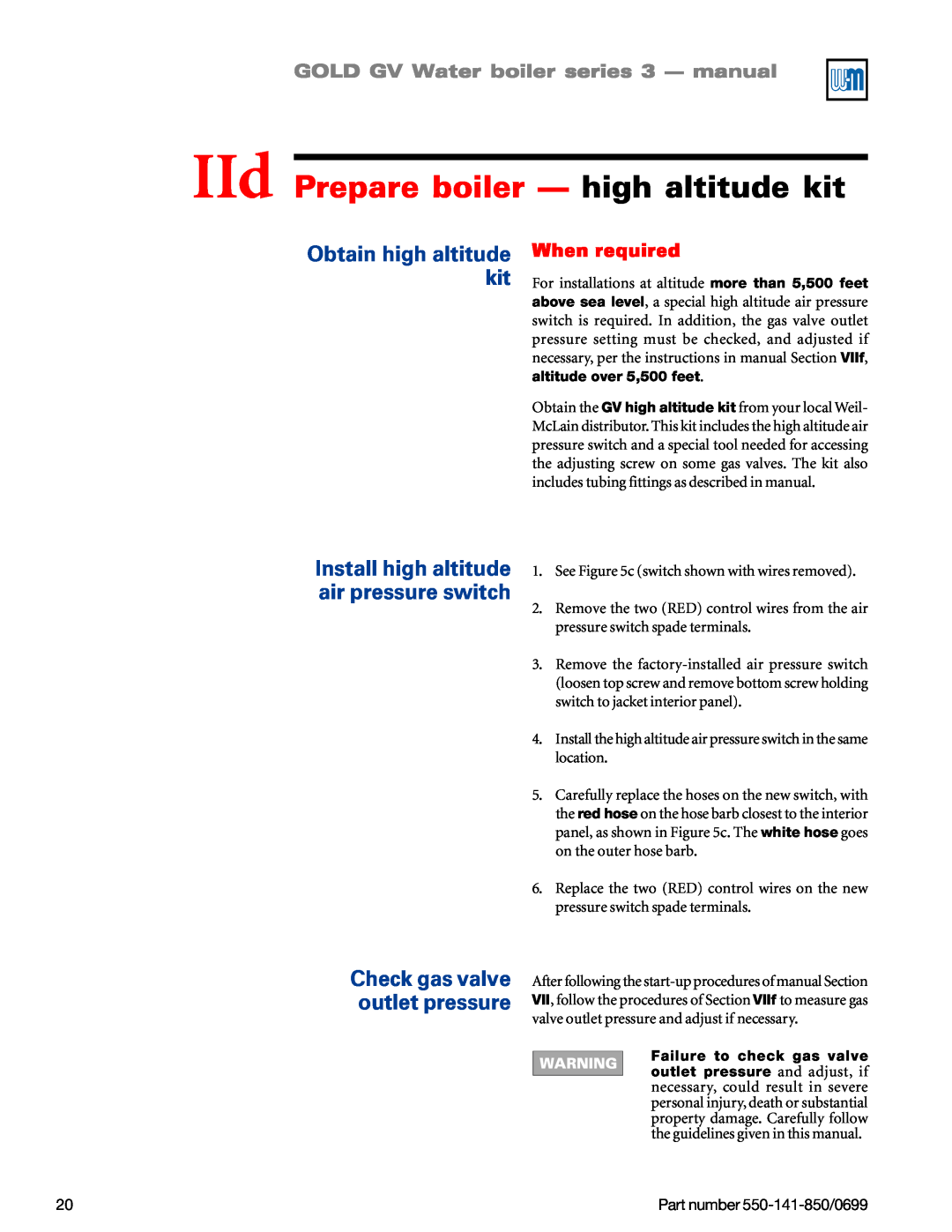 Weil-McLain GOLD DV WATER BOILER manual IId Prepare boiler — high altitude kit, Obtain high altitude kit, When required 