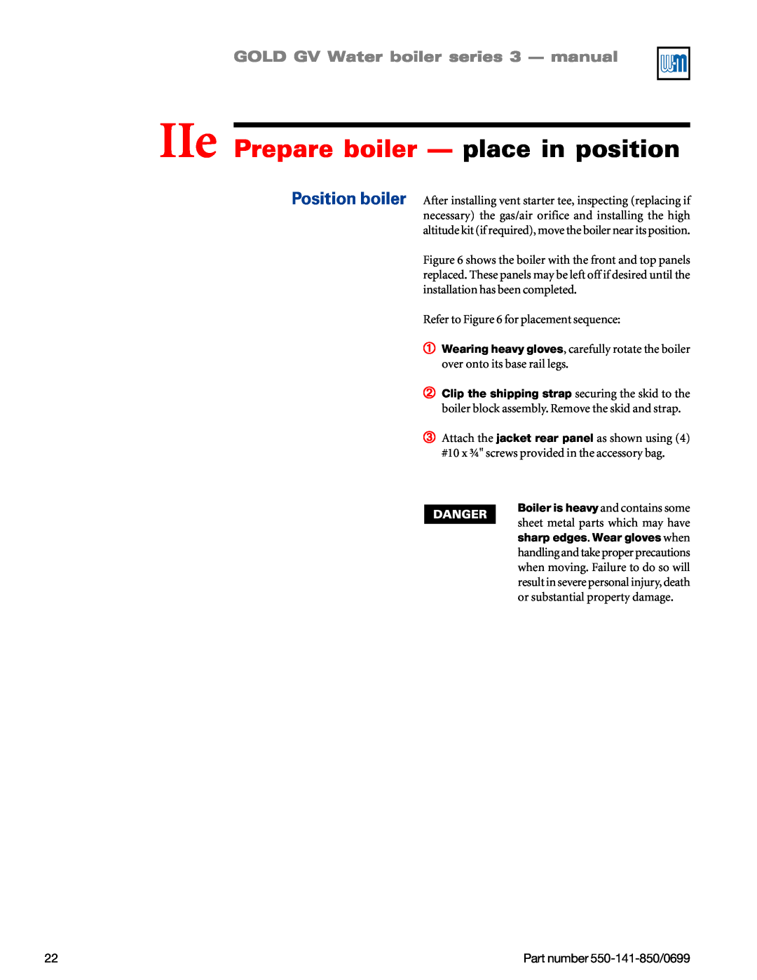 Weil-McLain GOLD DV WATER BOILER IIe Prepare boiler — place in position, GOLD GV Water boiler series 3 — manual 