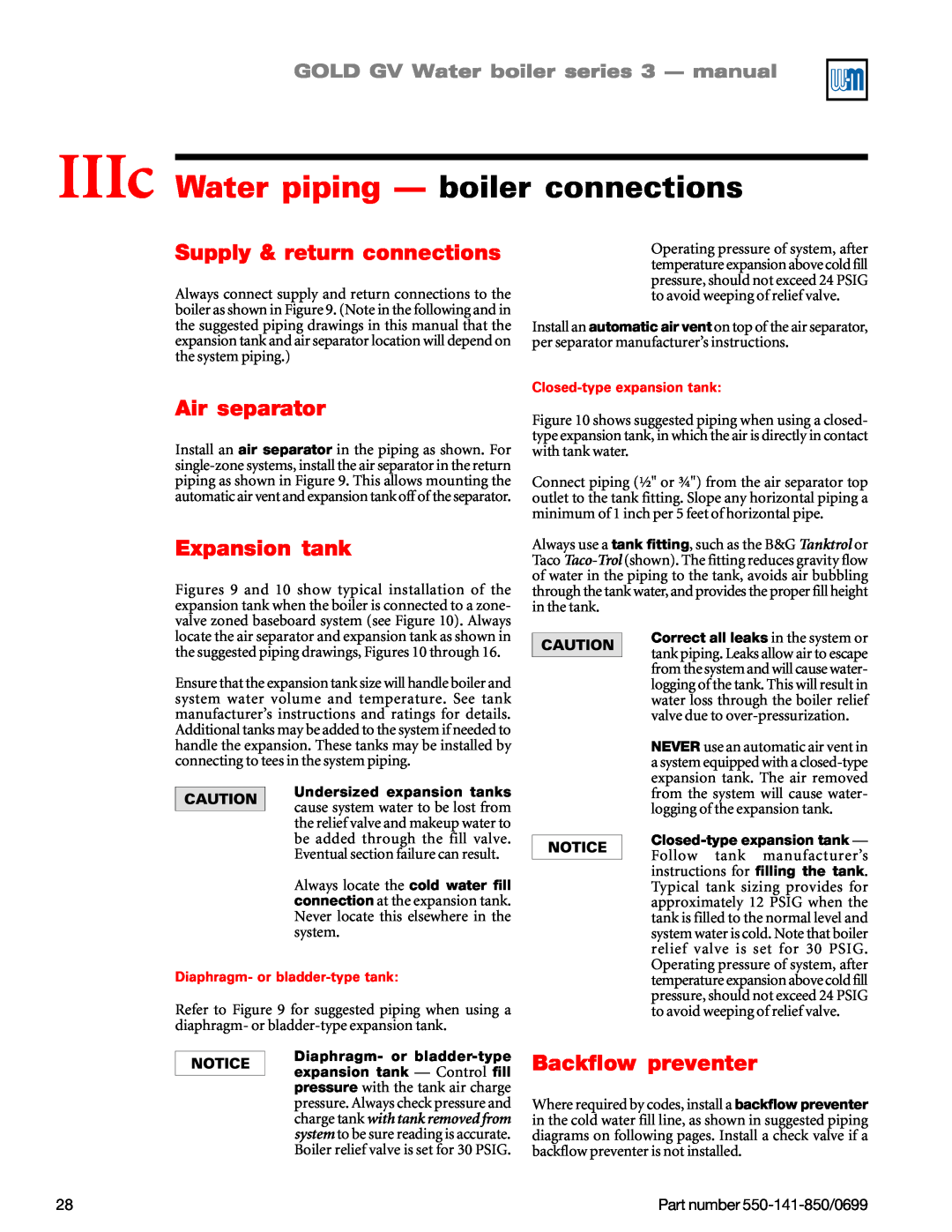 Weil-McLain GOLD DV WATER BOILER manual IIIc Water piping — boiler connections, Supply & return connections, Air separator 