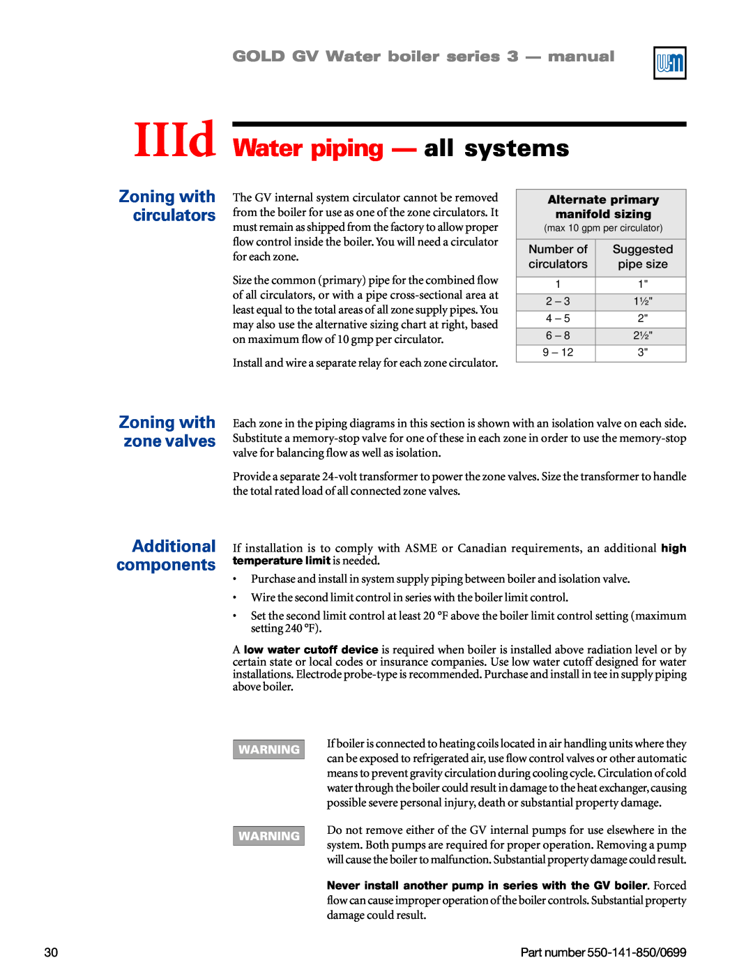 Weil-McLain GOLD DV WATER BOILER manual IIId Water piping — all systems, Additional components, Zoning with circulators 