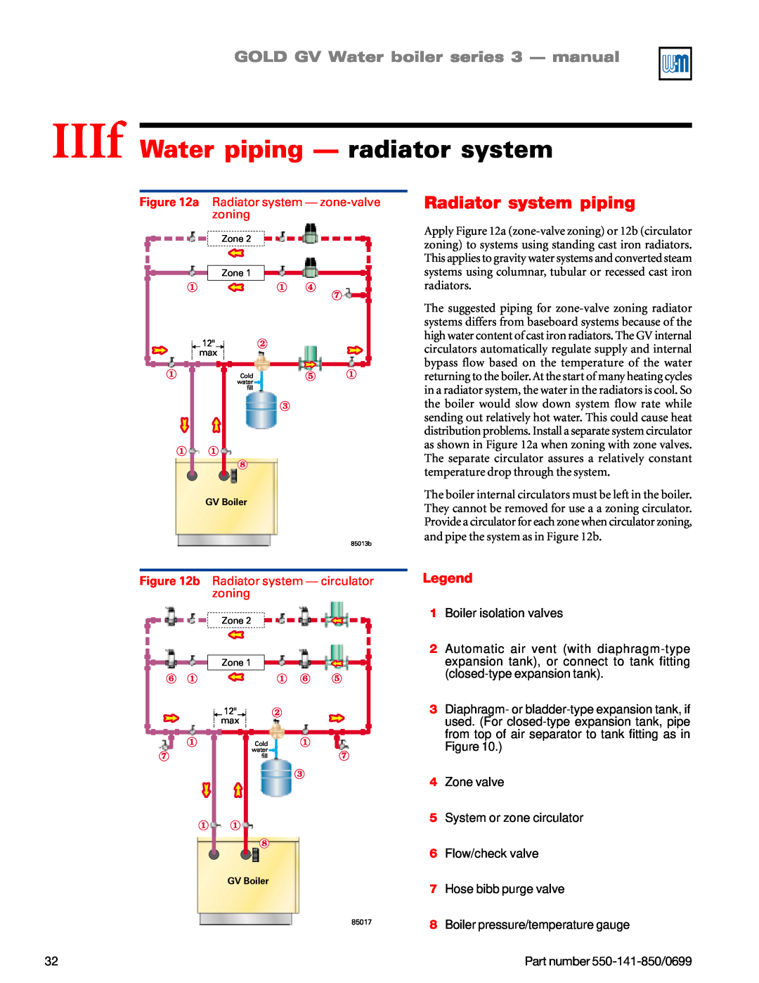 Weil-McLain GOLD DV WATER BOILER, 550-141-850/0599 IIIf Water piping — radiator system, Radiator system piping, Legend 