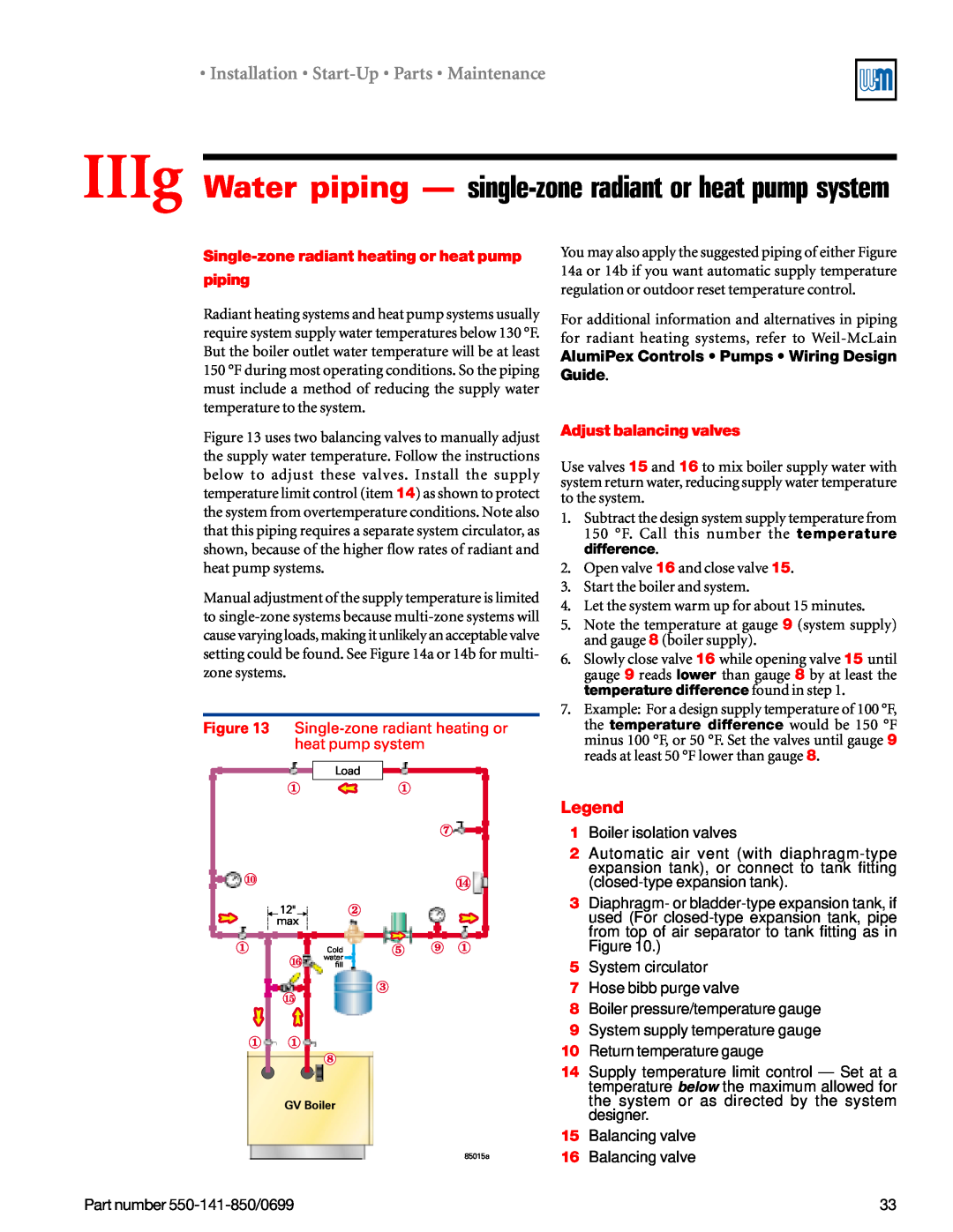 Weil-McLain 550-141-850/0599 manual • Installation • Start-Up• Parts • Maintenance, Legend, Adjust balancing valves 