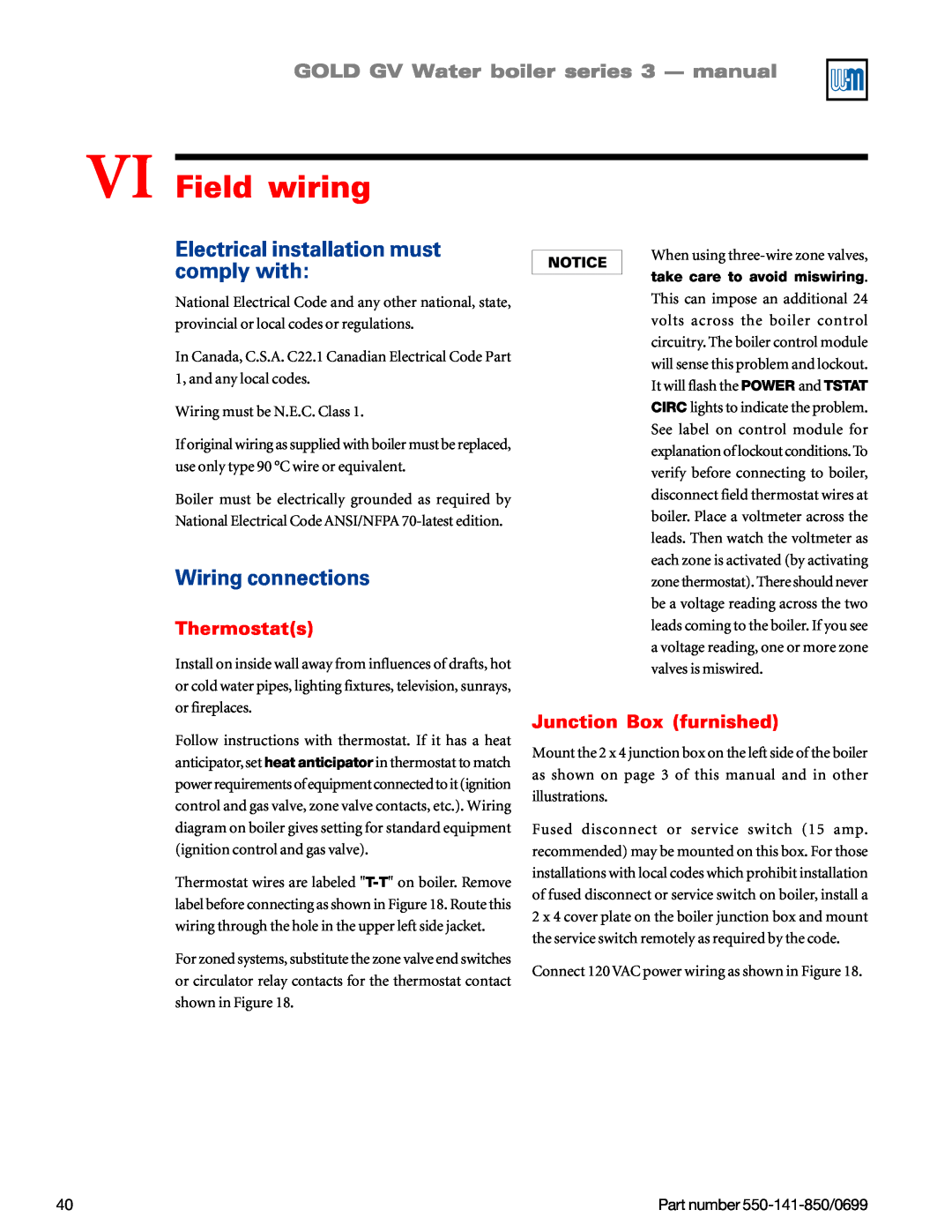 Weil-McLain GOLD DV WATER BOILER manual VI Field wiring, Electrical installation must comply with, Wiring connections 