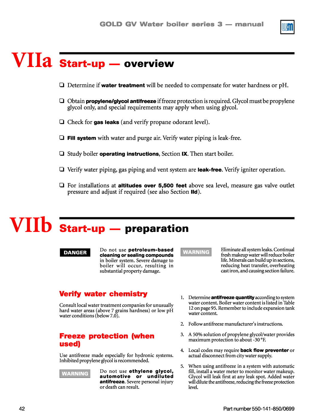 Weil-McLain GOLD DV WATER BOILER manual VIIa Start-up— overview, VIIb Start-up— preparation, Verify water chemistry 
