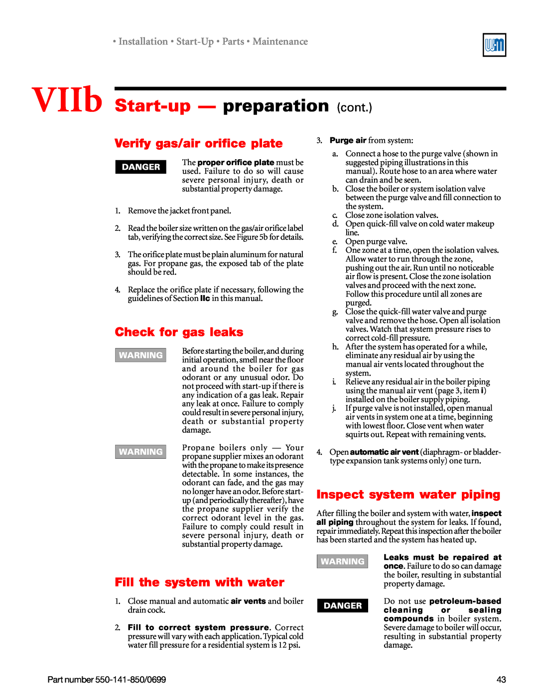 Weil-McLain 550-141-850/0599 manual VIIb Start-up- preparation cont, Verify gas/air orifice plate, Check for gas leaks 