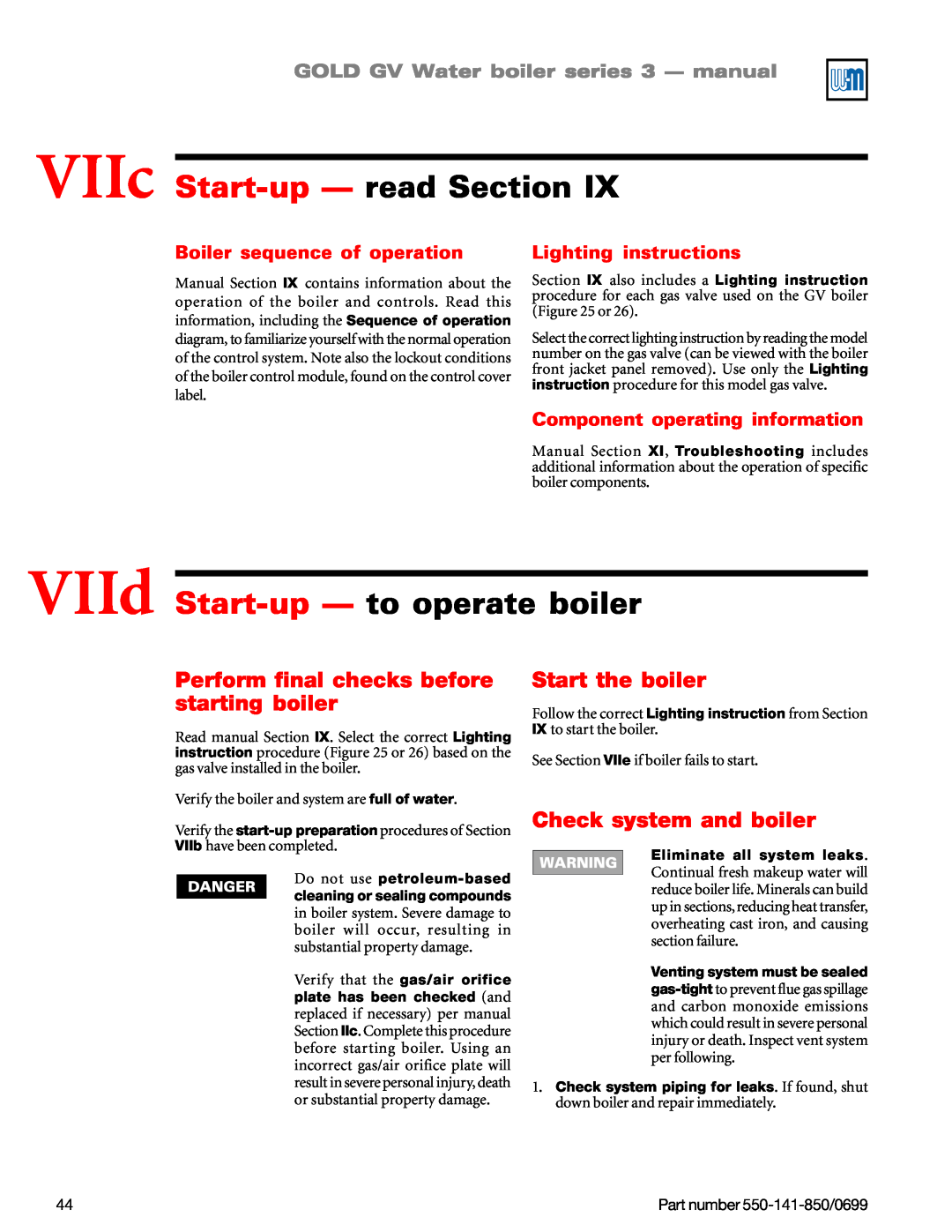 Weil-McLain GOLD DV WATER BOILER manual VIIc Start-up— read Section, VIId Start-up— to operate boiler, Start the boiler 