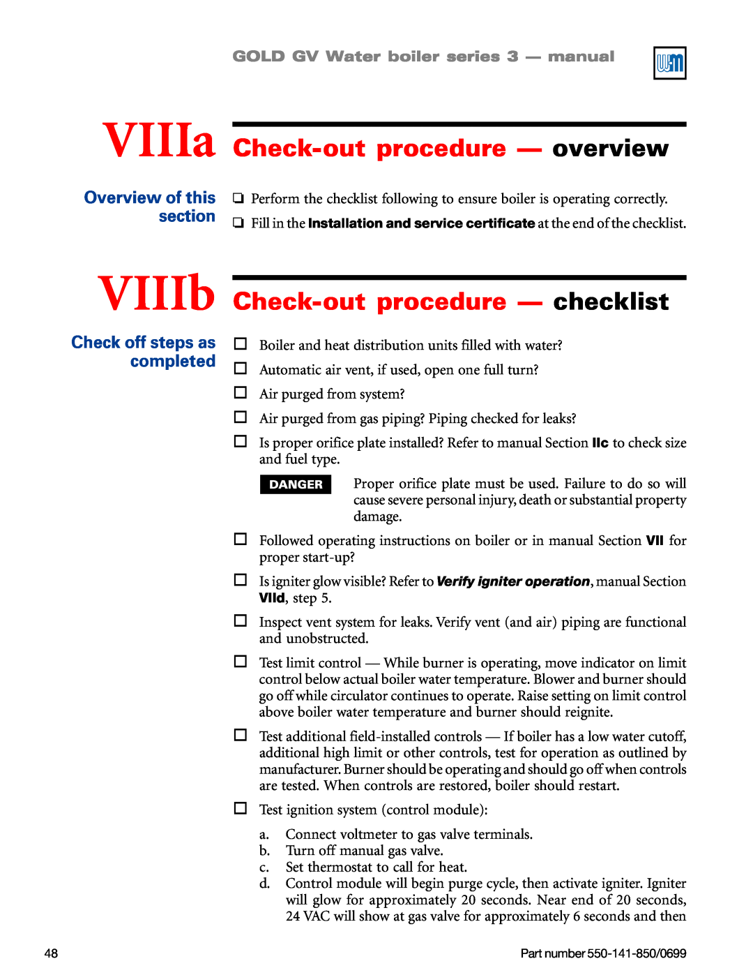 Weil-McLain GOLD DV WATER BOILER manual VIIIa Check-outprocedure — overview, Check-outprocedure — checklist, VIIIb 