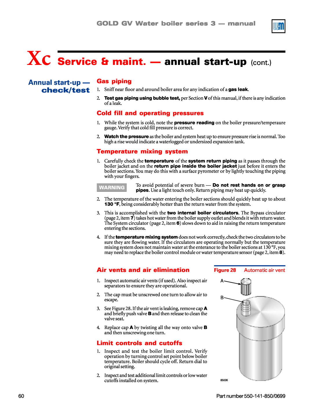 Weil-McLain GOLD DV WATER BOILER manual Xc Service & maint. — annual start-up cont, Annual start-up— check/test, Gas piping 