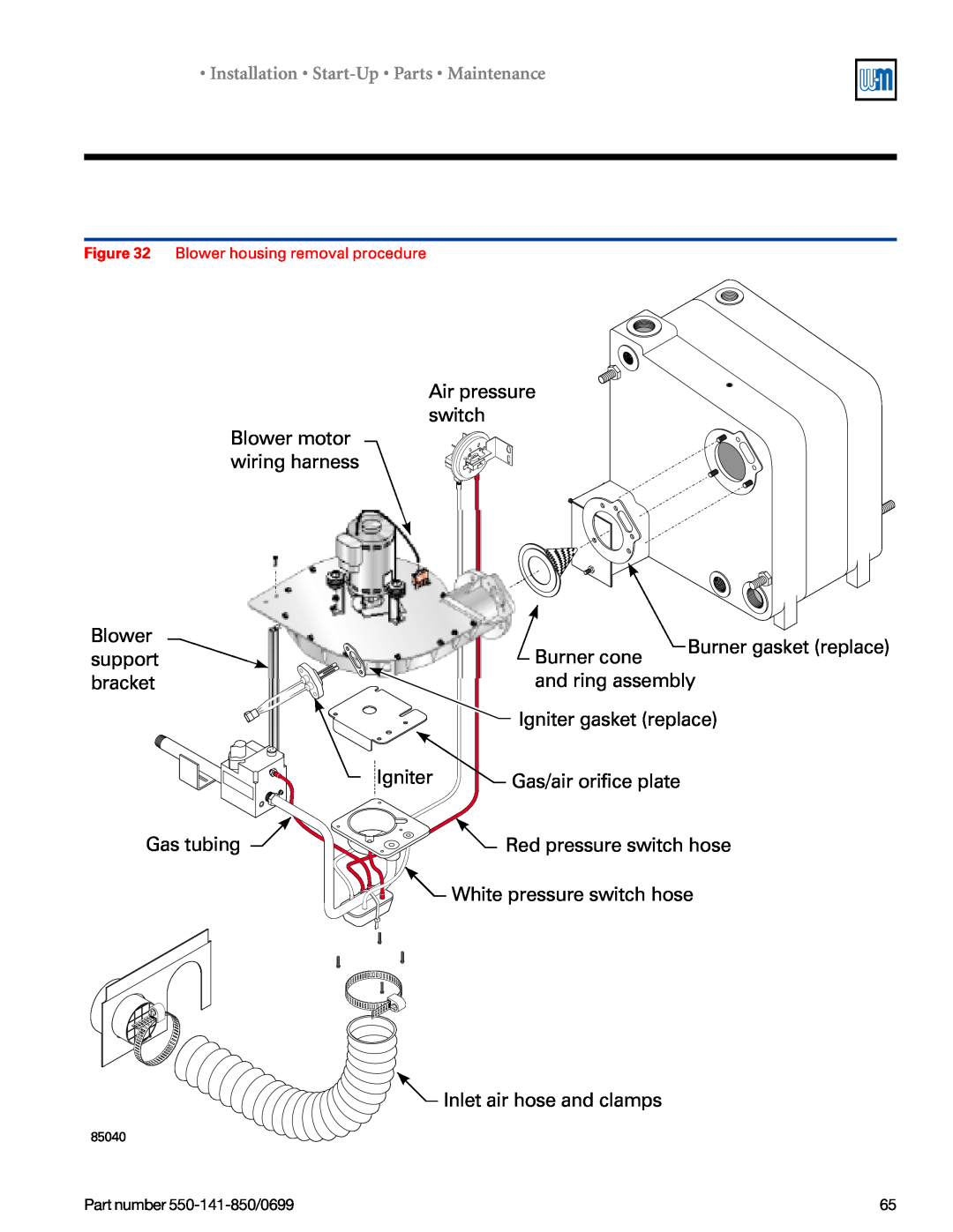 Weil-McLain 550-141-850/0599 manual Air pressure switch Blower motor wiring harness, Igniter, Gas/air orifice plate 