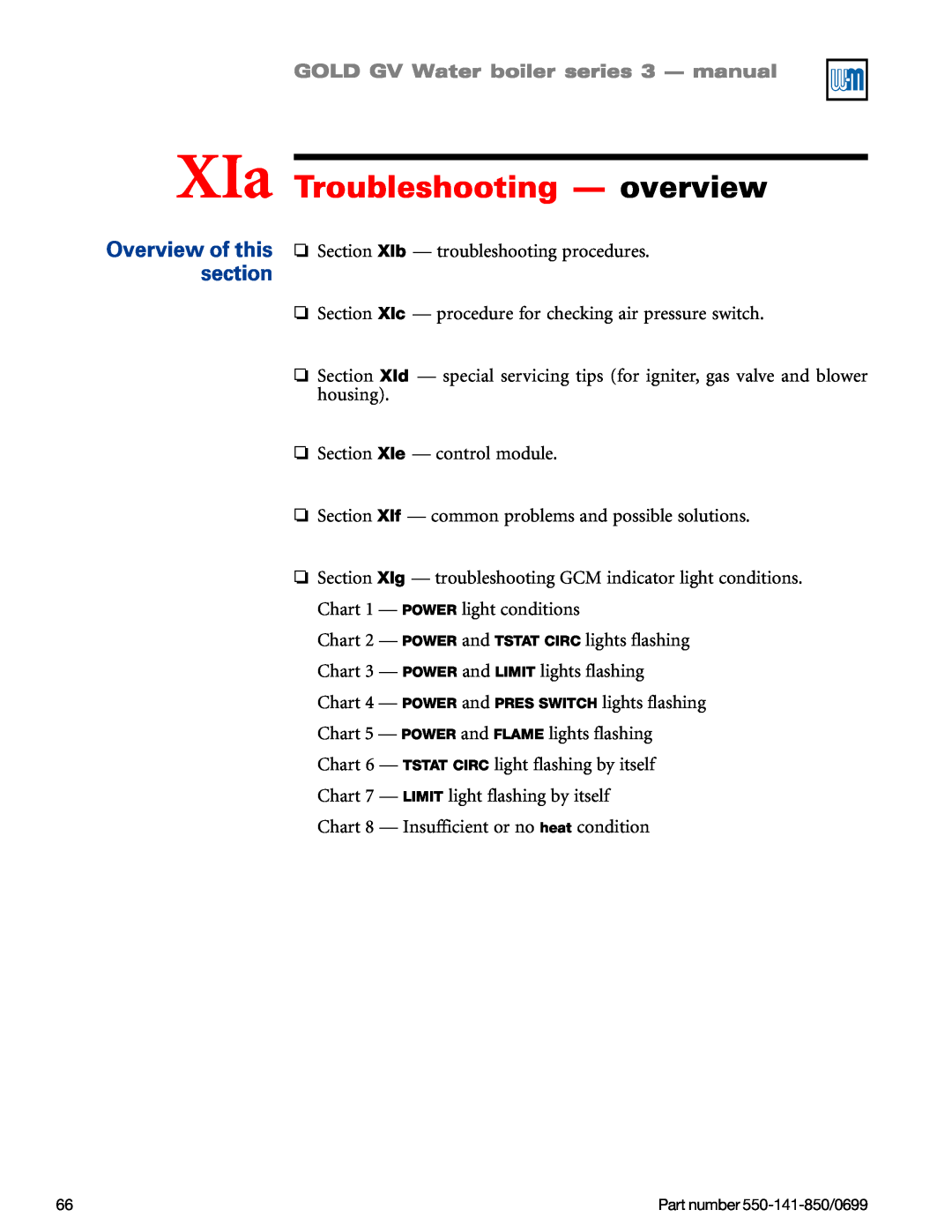 Weil-McLain GOLD DV WATER BOILER, 550-141-850/0599 manual XIa Troubleshooting - overview, Overview of this section 