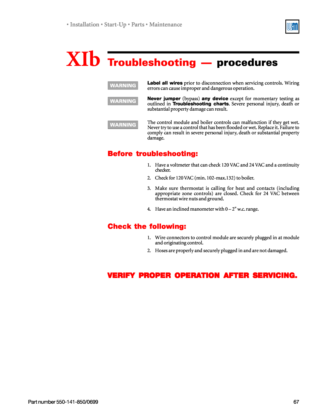 Weil-McLain 550-141-850/0599 manual XIb Troubleshooting - procedures, Before troubleshooting, Check the following 
