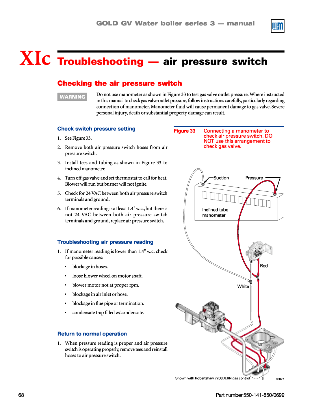 Weil-McLain GOLD DV WATER BOILER manual XIc Troubleshooting - air pressure switch, Checking the air pressure switch 