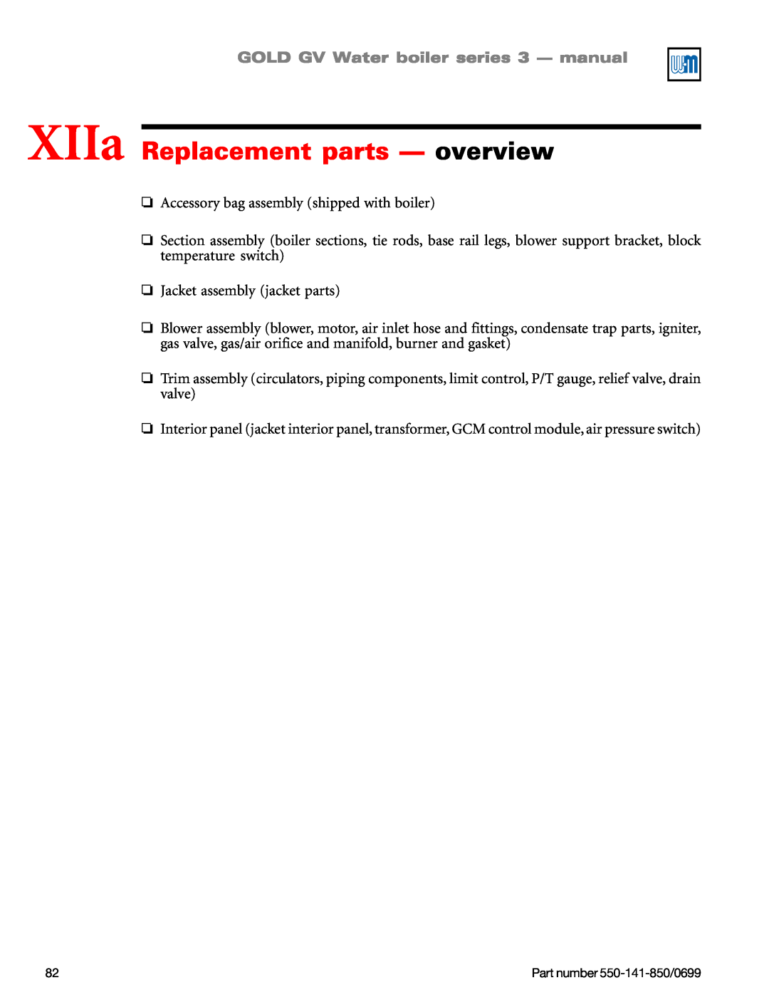 Weil-McLain GOLD DV WATER BOILER XIIa Replacement parts - overview, GOLD GV Water boiler series 3 — manual 