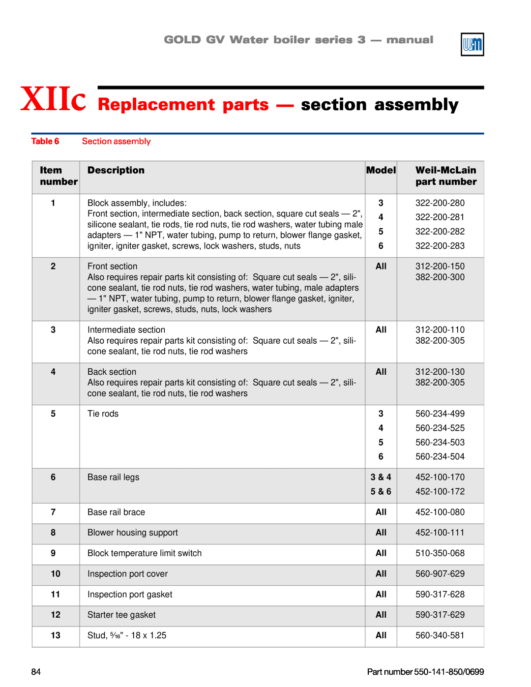 Weil-McLain GOLD DV WATER BOILER XIIc Replacement parts — section assembly, GOLD GV Water boiler series 3 - manual, Item 