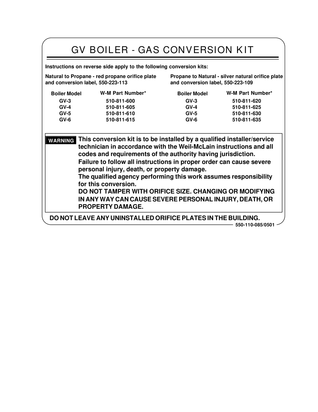 Weil-McLain GV-3 510-811-600, GV-6 510-811-615, GV-5 510-811-610, GV-4 510-811-605 manual GV Boiler GAS Conversion KIT 