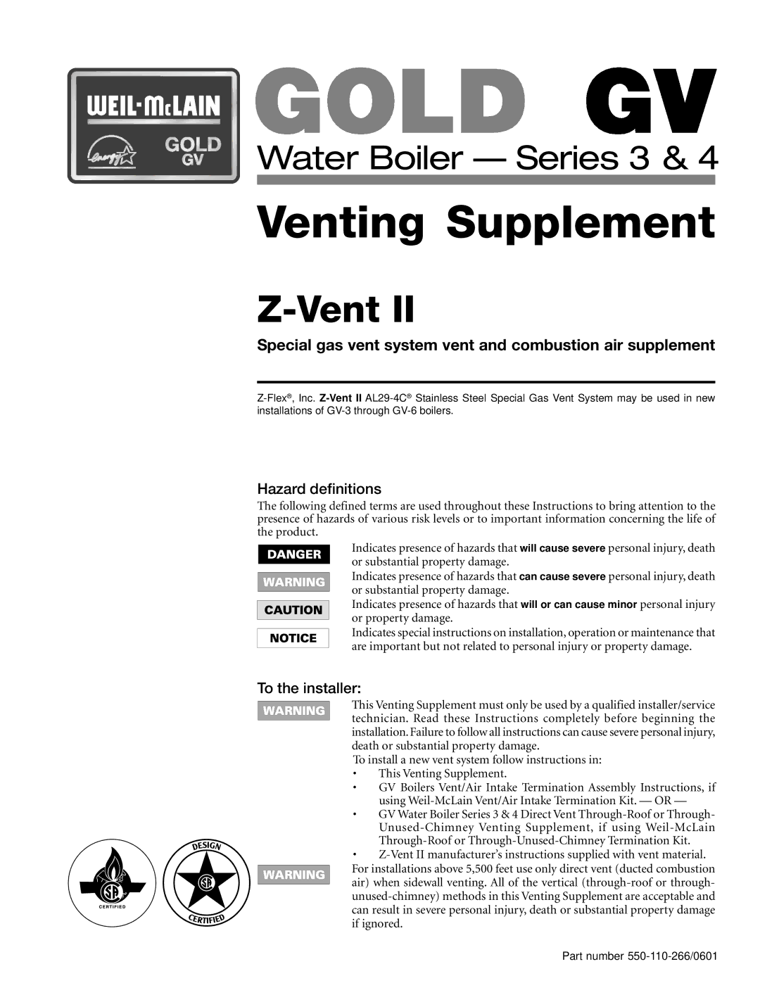 Weil-McLain GV Series 4, GV Series 3 manual Hazard definitions, To the installer 