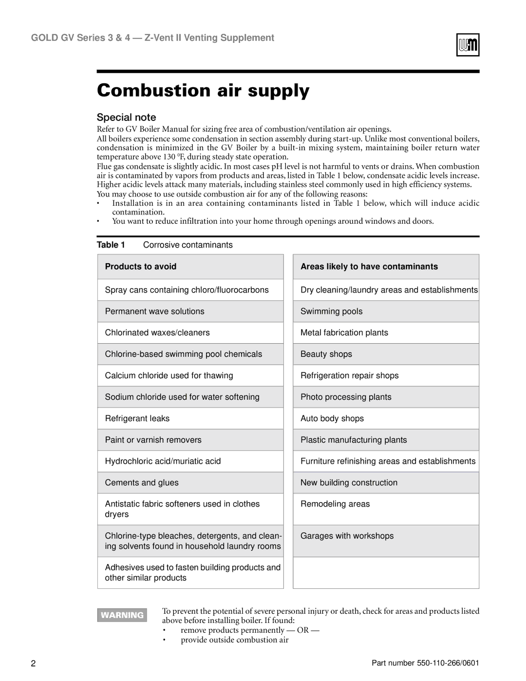 Weil-McLain GV Series 3 manual Combustion air supply, Special note, Products to avoid, Areas likely to have contaminants 