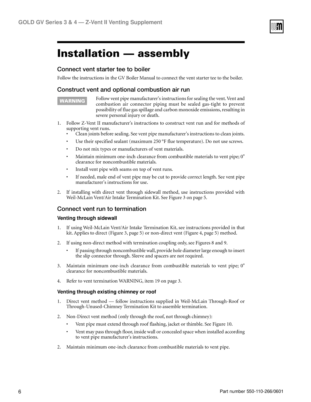 Weil-McLain GV Series 3 manual Installation assembly, Connect vent starter tee to boiler, Connect vent run to termination 