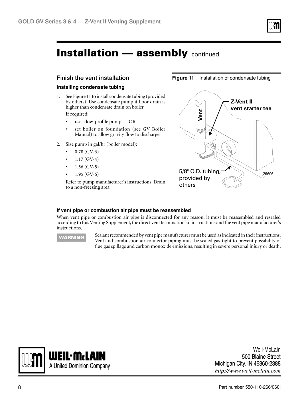 Weil-McLain GV Series 3, GV Series 4 manual Finish the vent installation, Installing condensate tubing 