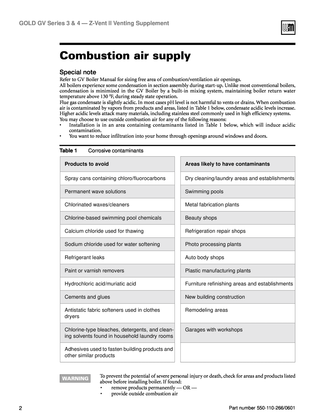Weil-McLain GV Series 3 manual Combustion air supply, Special note, Products to avoid, Areas likely to have contaminants 